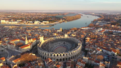 Arles-southern-french-town-Amphitheatre-aerial-sunrise-view-river-le-Rhone-epic